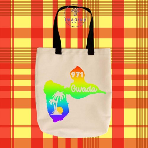 Tote bag personnalisable m - sublimation - carte guadeloupe - 971 - gwada - karukera - palmiers - soleil - arc en ciel