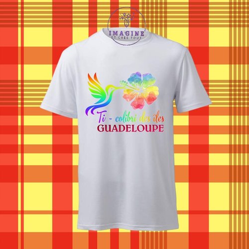 T-shirt personnalisé pour homme - ras du cou - guadeloupe - ti colibri des îles - arc en ciel