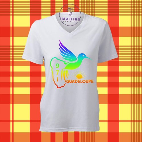 T-shirt personnalisé pour femme - col v - guadeloupe - 971 - colibri - arc en ciel