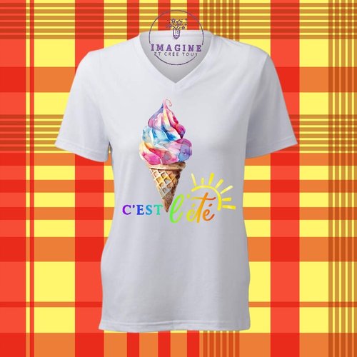T-shirt personnalisé pour femme - col v - c'est l'été - juin - vacances - soleil - glaces - arc en ciel