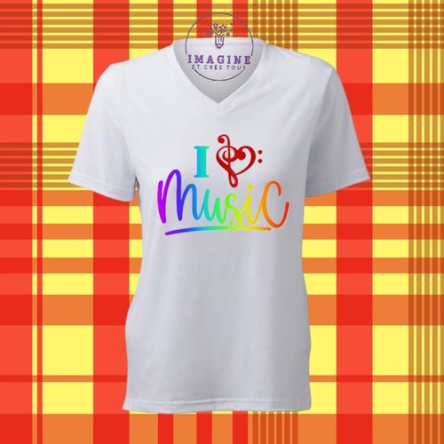 T-shirt personnalisé pour femme - col v - juin - i love music - fête de la musique - arc en ciel