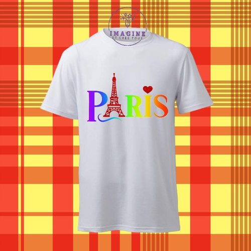 T-shirt personnalisé pour homme - ras du cou -  france - paris - tour eiffel - dame de fer - justave eiffel - arc en ciel