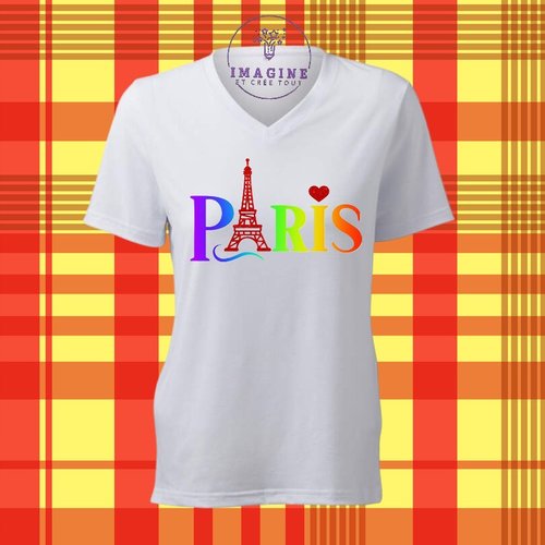 T-shirt personnalisé pour femme - col v - france - paris - tour eiffel - dame de fer - justave eiffel - arc en ciel
