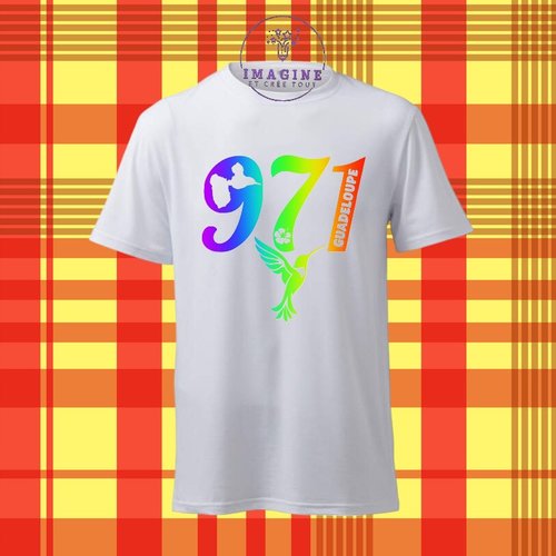 T-shirt personnalisé pour homme - ras du cou - 971 - guadeloupe - colibri - hibiscus - carte - karukera - arc en ciel