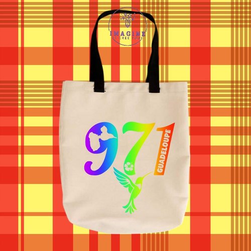 Tote bag personnalisable m - 971 - guadeloupe - colibri - hibiscus - carte - karukera - arc en ciel