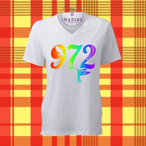 T-shirt personnalisé pour femme - col v - 972 - martinique - colibri - hibiscus - carte - madinina - arc en ciel
