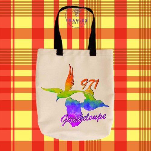 Tote bag personnalisable m - carte guadeloupe - colibri - 971 - arc en ciel