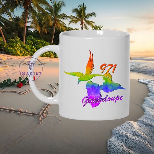 Mug - tasse - carte guadeloupe - colibri - 971 - arc en ciel