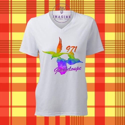 T-shirt personnalisé pour femme - col v - carte guadeloupe - colibri - 971 - arc en ciel