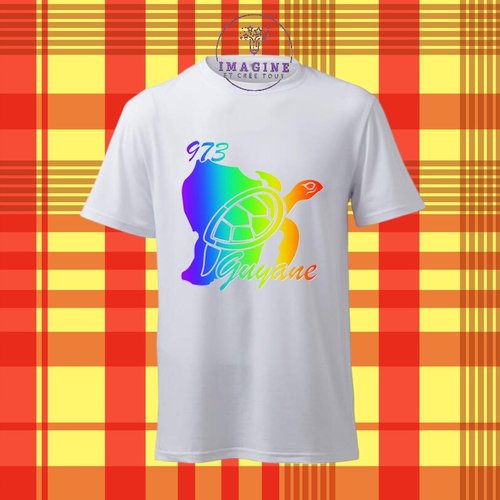 T-shirt personnalisé pour homme - ras du cou -  carte guyane - tortue - 973 - arc en ciel