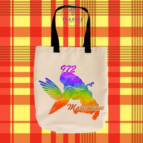 Tote bag personnalisable m -  972 - martinique - colibri - hibiscus - carte - madinina - arc en ciel