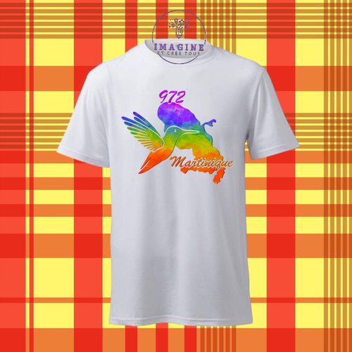 T-shirt personnalisé pour homme - ras du cou - 972 - martinique - colibri - hibiscus - carte - madinina - arc en ciel