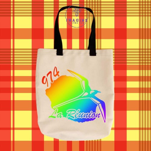 Tote bag personnalisable m - 974 - carte de la réunion - paille en queue - arc en ciel
