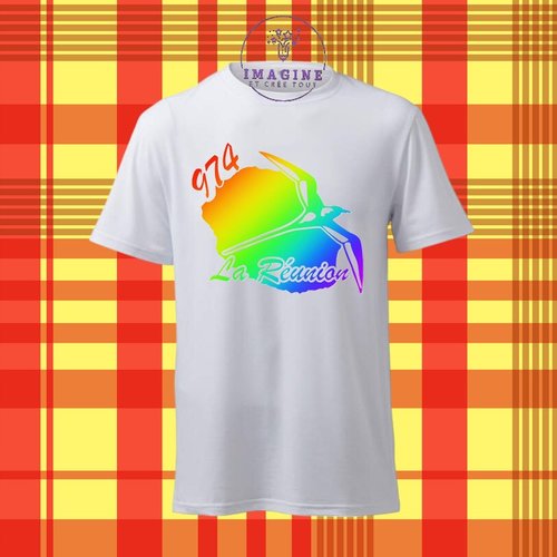 T-shirt personnalisé pour homme - ras du cou - 974 - carte de la réunion - paille en queue - arc en ciel