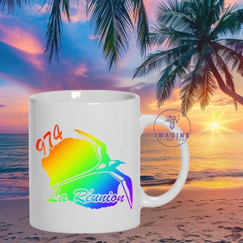 Mug - tasse - sublimation - 974 - carte de la réunion - paille en queue - arc en ciel