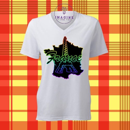 T-shirt personnalisé pour femme - col v - sublimation - france - paris - tour eiffel - arc en ciel - notre dame - moulin rouge