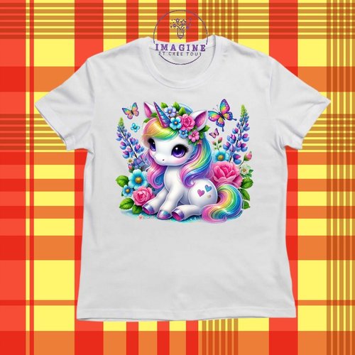 T-shirt personnalisé pour jeunes - col rond - licorne - féerique - fille - fashion - couleurs