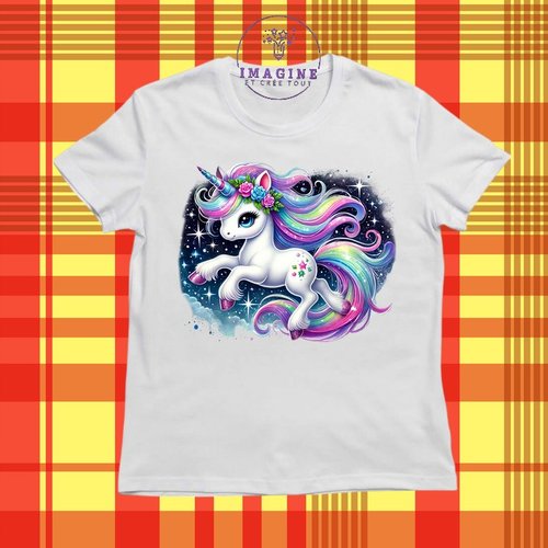 T-shirt personnalisé - col rond - sublimation - fille - étoiles - féerique - licorne - fashion - arc en ciel - papillons - roses