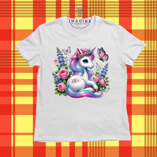T-shirt personnalisé - col rond - sublimation - fille - marguerites - féerique - licorne - fashion - arc en ciel - papillons - roses