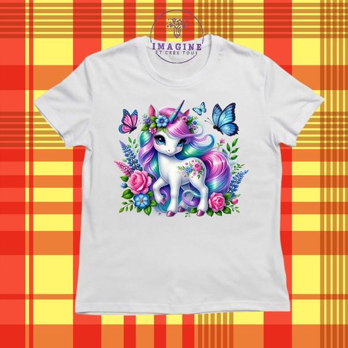 T-shirt personnalisé - col rond - sublimation - fille - roses - féerique - licorne - feuilles - fashion - couleurs - corne
