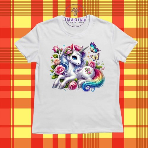 T-shirt personnalisé - col rond - sublimation - fille - feuilles - rosiers - féerique - licorne - fashion - couleurs - corne