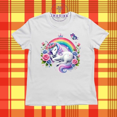 T-shirt personnalisé - col rond - sublimation - fille - papillons - rosiers - couronne - féerique - licorne - arc en ciel - corn