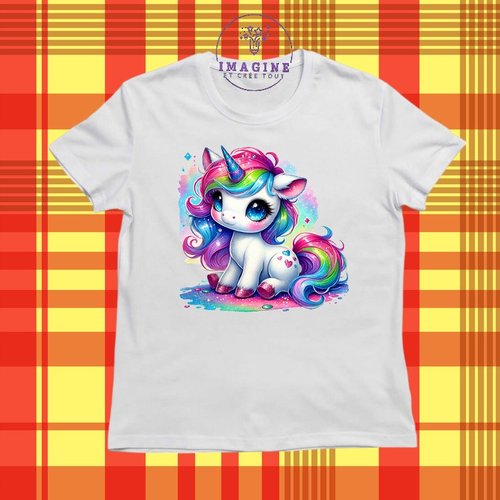 T-shirt personnalisé - col rond - sublimation - fille - bulles - féerique - licorne - arc en ciel - corne - cœurs