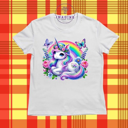T-shirt personnalisé - col rond - sublimation - fille - papillons - fleurs - féerique - licorne - arc en ciel - corne - rosiers