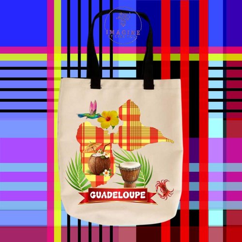 Tote bag personnalisable m - sublimation - carte - guadeloupe - crabe - coco - tambour - colibri - hibiscus - madras