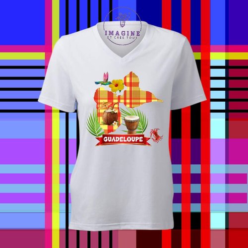 T-shirt personnalisé pour femme - col v - sublimation - carte - guadeloupe - crabe - coco - tambour - colibri - hibiscus