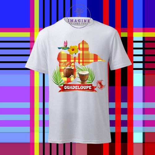 T-shirt personnalisé pour homme - ras du cou - sublimation - carte - guadeloupe - crabe - coco - tambour - colibri