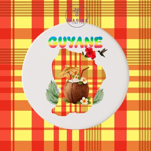 Sous verre en céramique - sublimation - carte - guyane - 973 - coco - colibri - hibiscus - madras
