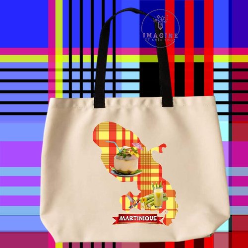 Tote bag taille l - sublimation - carte - martinique - madinina - 972 - fort de france - coco - canne à sucre - madras