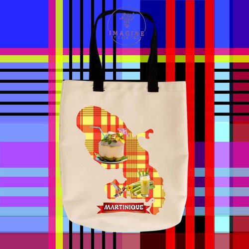 Tote bag taille m - sublimation - carte - martinique - madinina - 972 - fort de france - coco - canne à sucre - madras
