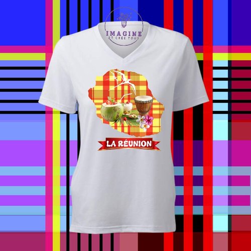 T-shirt personnalisé pour femme - col v - sublimation - carte - la réunion - coco - paille en queue - tambour - madras