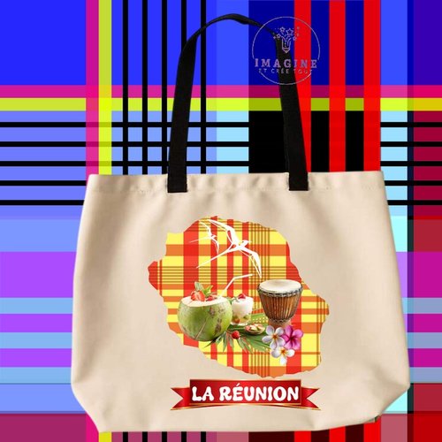 Tote bag taille l - sublimation - carte - la réunion - coco - paille en queue - tambour - madras - 974