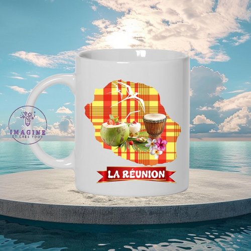 Mug - tasse - sublimation - carte - la réunion - 974 - coco - paille en queue - tambour - madras