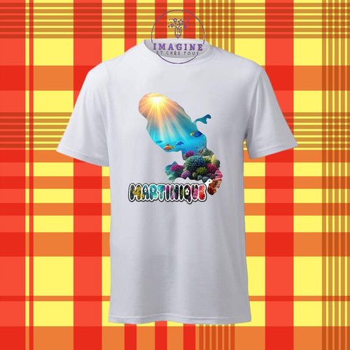 T-shirt personnalisé pour homme - ras du cou - sublimation - carte - martinique - 972 - madinina - fond marin - soleil