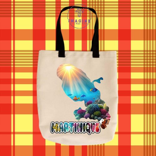 Tote bag taille m - sublimation - carte - martinique - 972 - madinina - fond marin - soleil - poissons - coraux - océan