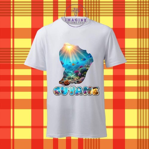 T-shirt personnalisé pour homme - ras du cou - sublimation - guyane - fond marin - 973 - corail - poissons - océan