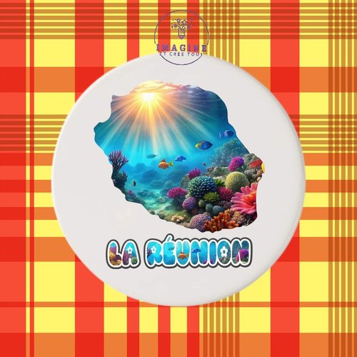 Sous verre en céramique - sublimation -  île de la réunion - 974 - fond marin - corail - soleil - poissons - paille en queue