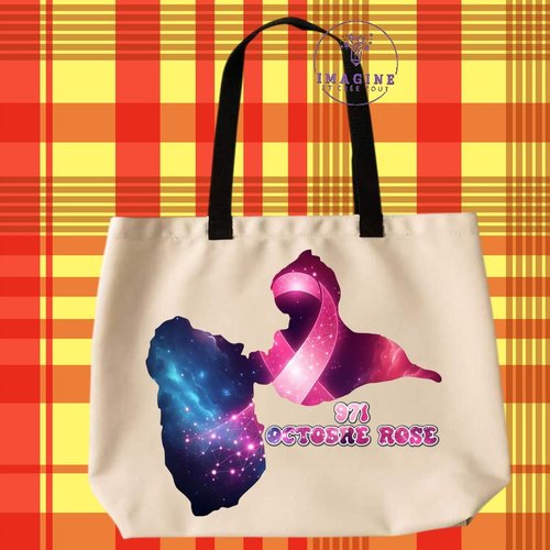 Tote bag taille l - sublimation - octobre rose - espoir - hope - carte - gwada - guadeloupe - 971 - karukera