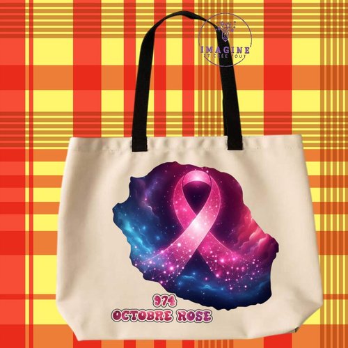 Tote bag taille l - sublimation - octobre rose - la réunion - 974 - paille en queue - nœud rose - carte - espoir - hope