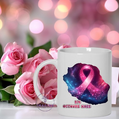 Mug - tasse - sublimation - octobre rose - la réunion - 974 - paille en queue - nœud rose - espoir - hope - carte