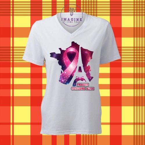 T-shirt personnalisé pour femme - col v - sublimation - espoirs - octobre rose - france - hope - tour eiffel - paris