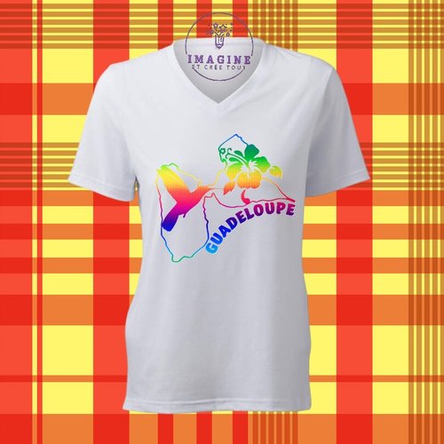 T-shirt personnalisé pour femme - col v - sublimation - guadeloupe - 971 - colibri - hibiscus - karukera - arc en ciel