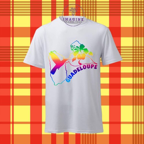 T-shirt personnalisé pour homme - ras du cou - sublimation - guadeloupe - 971 - colibri - hibiscus - karukera - arc en ciel
