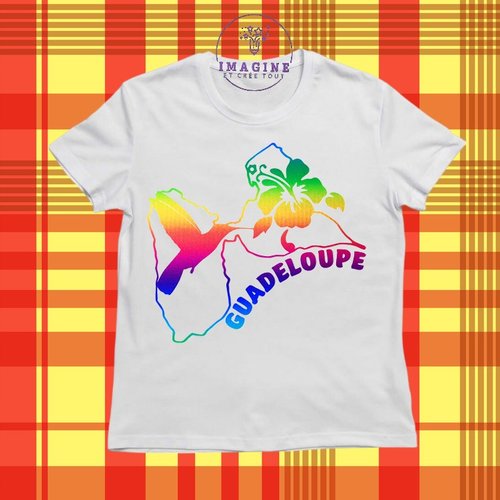 T-shirt personnalisé pour jeunes - col rond - sublimation - guadeloupe - 971 - colibri - hibiscus - karukera - arc en ciel