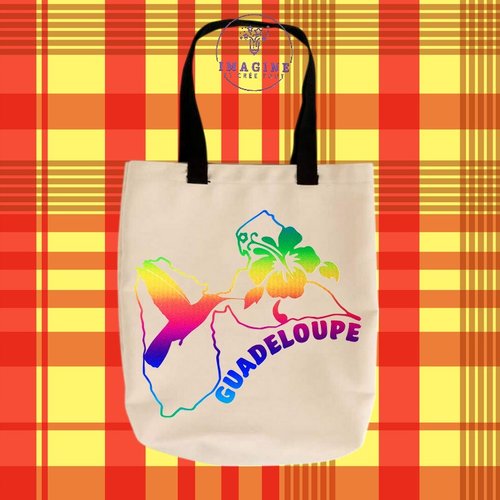 Tote bag taille m - sublimation - guadeloupe - 971 - colibri - hibiscus - karukera - arc en ciel - carte - tropique