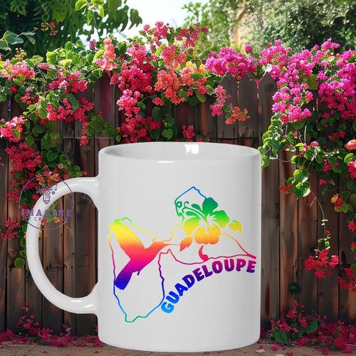 Mug - tasse - sublimation - guadeloupe - 971 - colibri - hibiscus - karukera - arc en ciel - carte - tropique - soleil - gwada